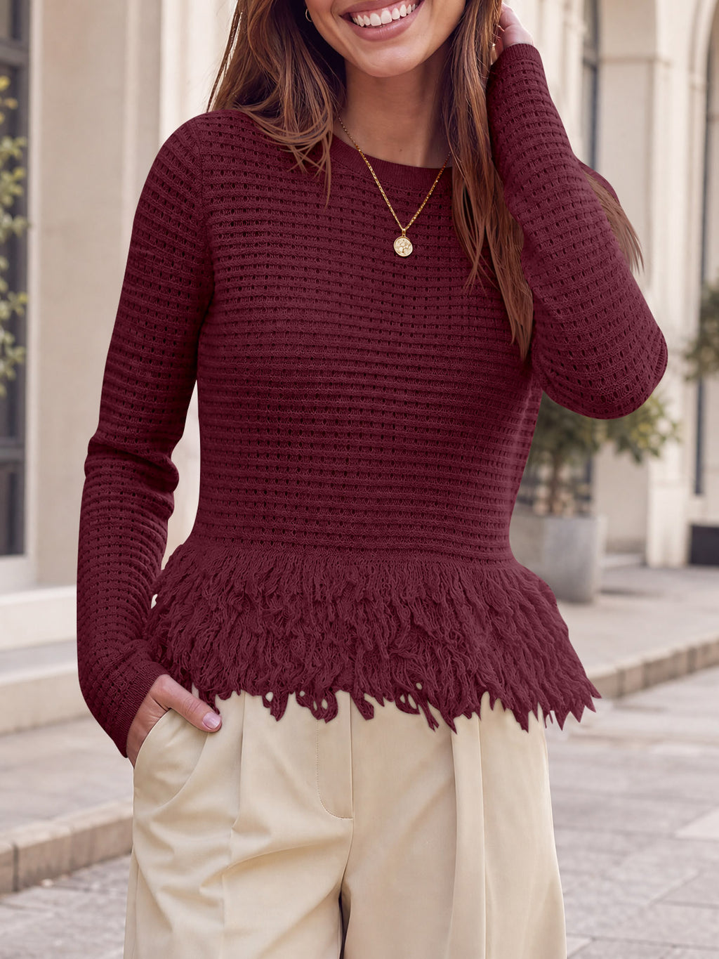 Saodimallsu Womens Crochet Fringe Crew Neck Sweater