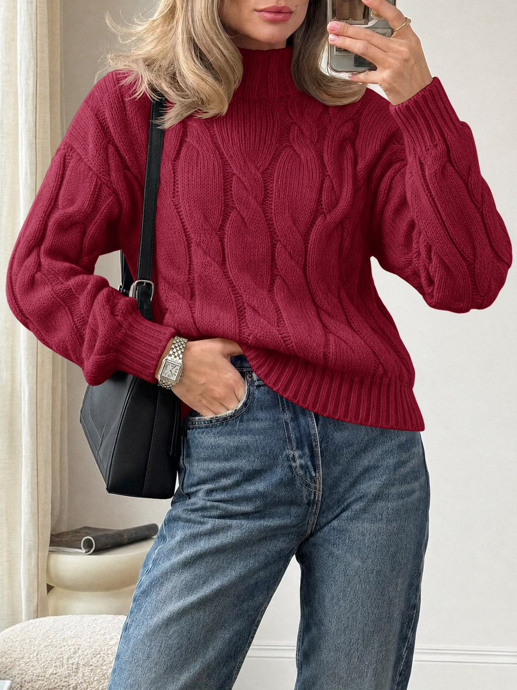Saodimallsu Womens Mock Neck Cable Knit Sweater