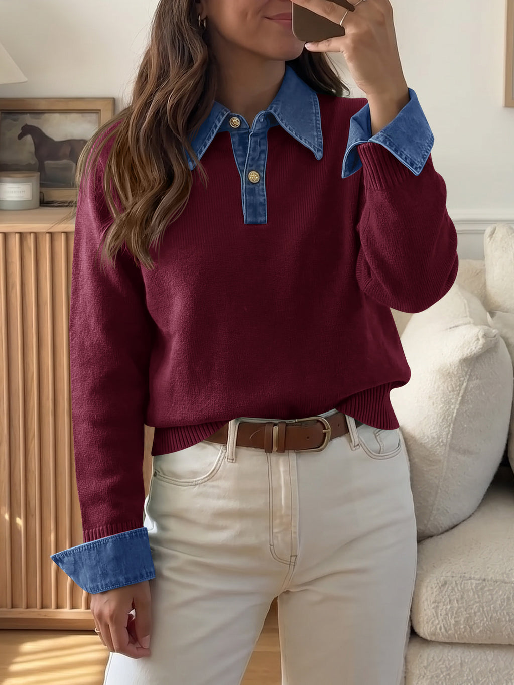 Saodimallsu Women Denim Patchwork V Neck Sweater Tops