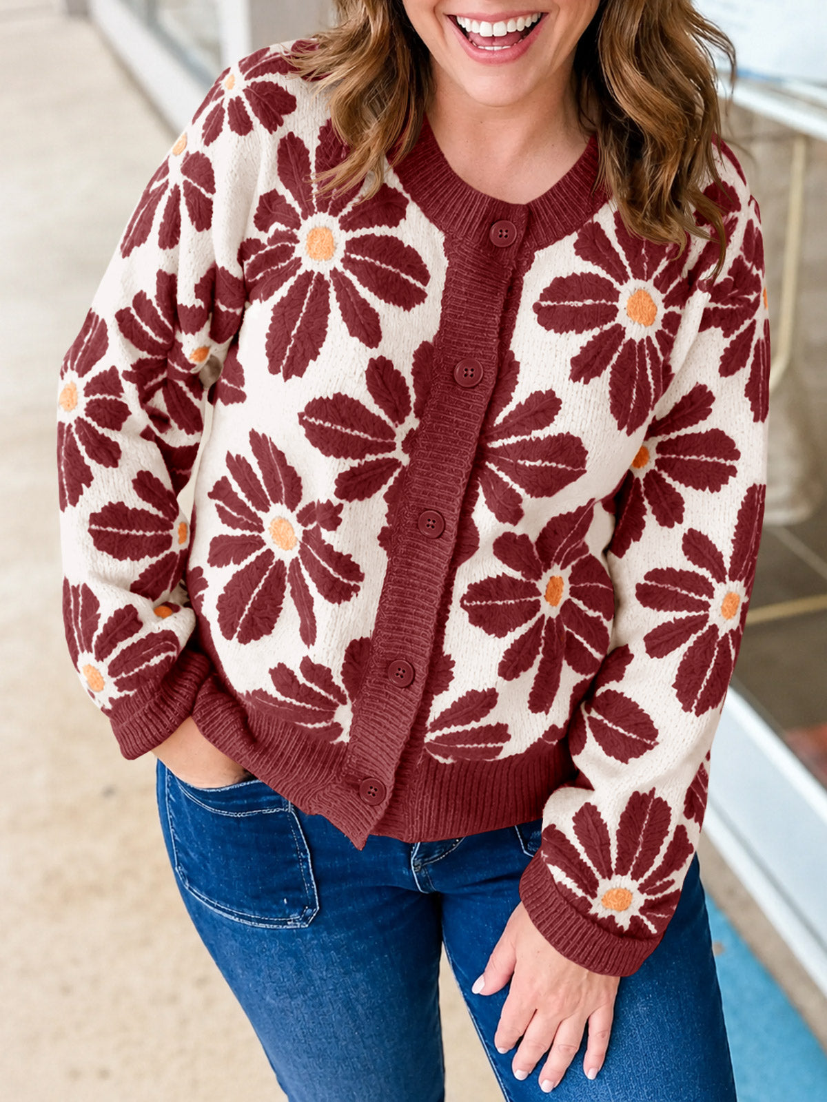 Saodimallsu Womens Floral Button Up Vintage Sweater