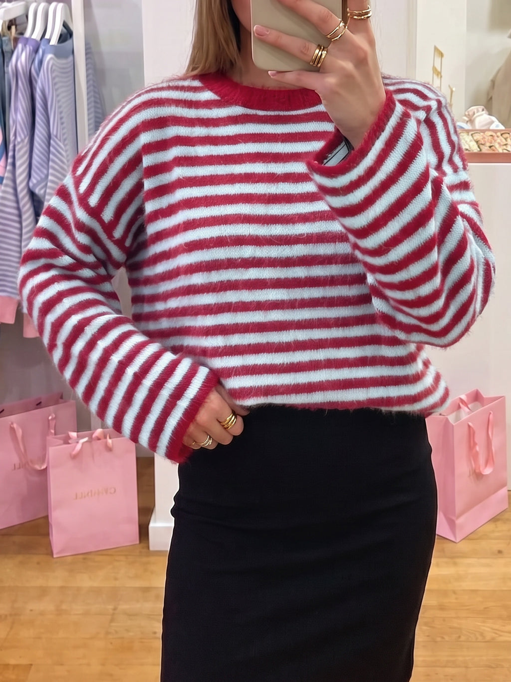 Saodimallsu Womens Fuzzy Crew Neck Striped Sweaters