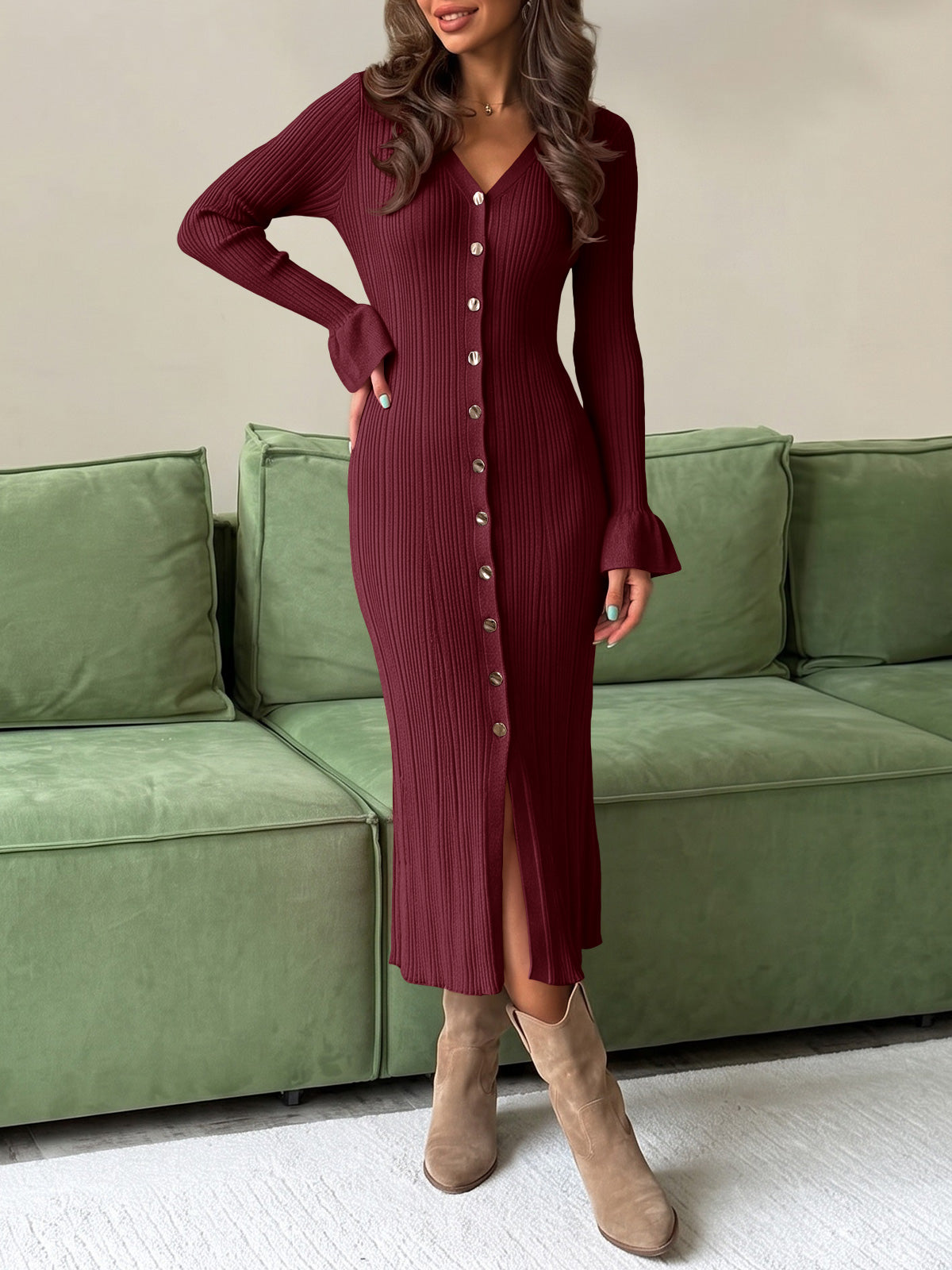 Saodimallsu Womens V Neck Midi Sweater Dress