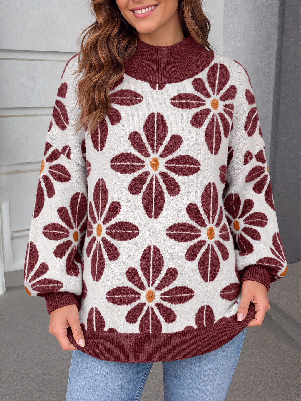 Saodimallsu Womens Floral Mock Neck Chunky Sweater