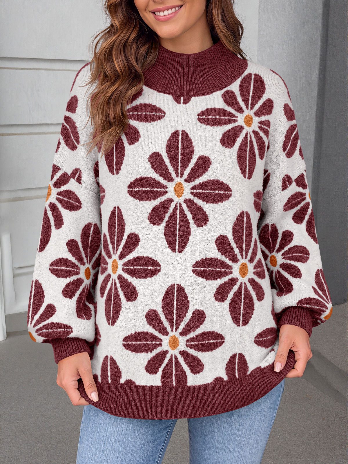 Saodimallsu Womens Floral Mock Neck Chunky Sweater