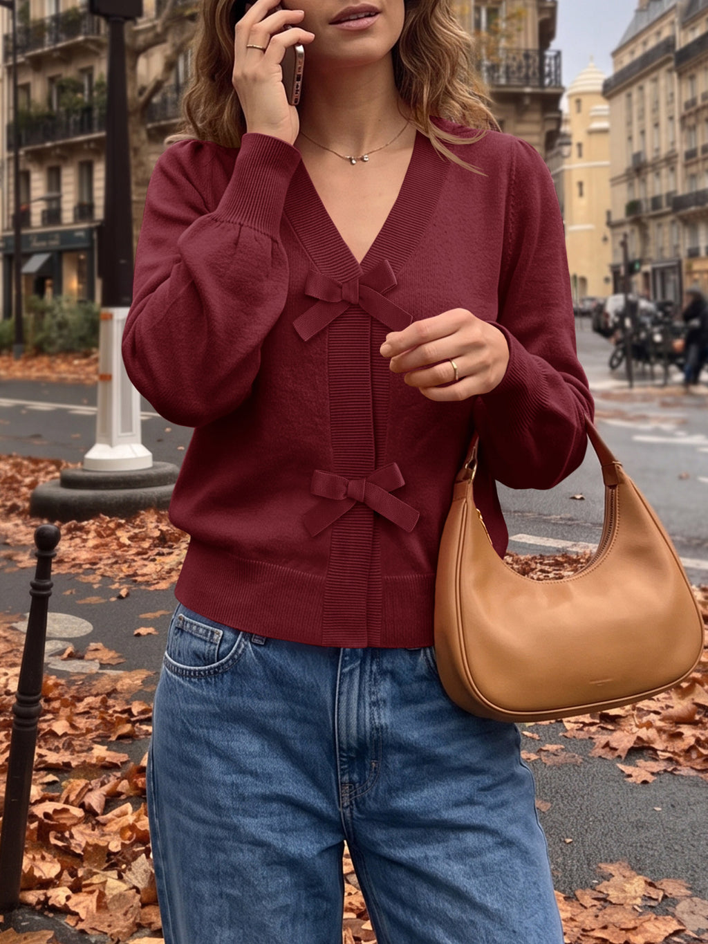 Saodimallsu Women V Neck Bow Knit Cardigan