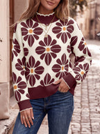 Saodimallsu Womens Mock Neck Floral Knit Sweater