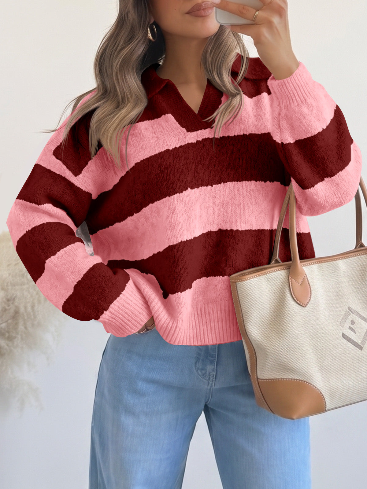 Saodimallsu Womens Striped Polo V Neck Sweaters