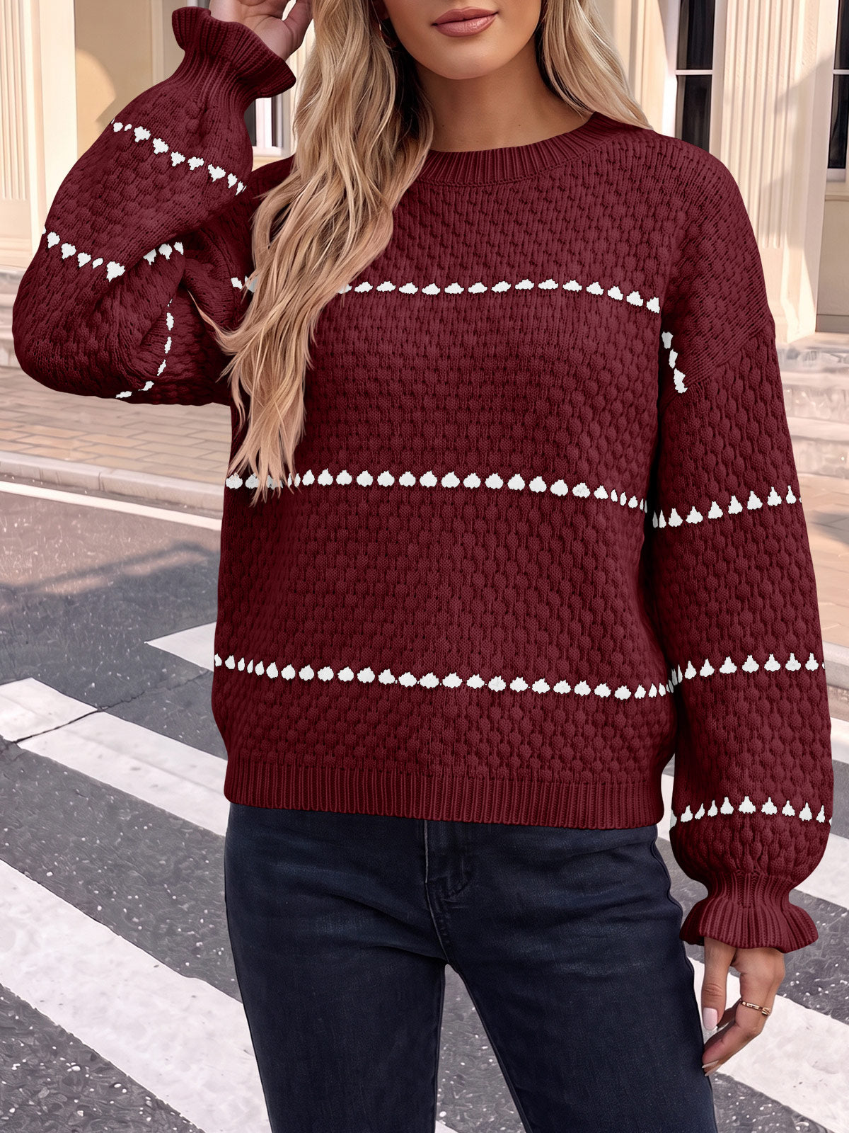 Saodimallsu Womens Heart Striped Ruffle Sweaters