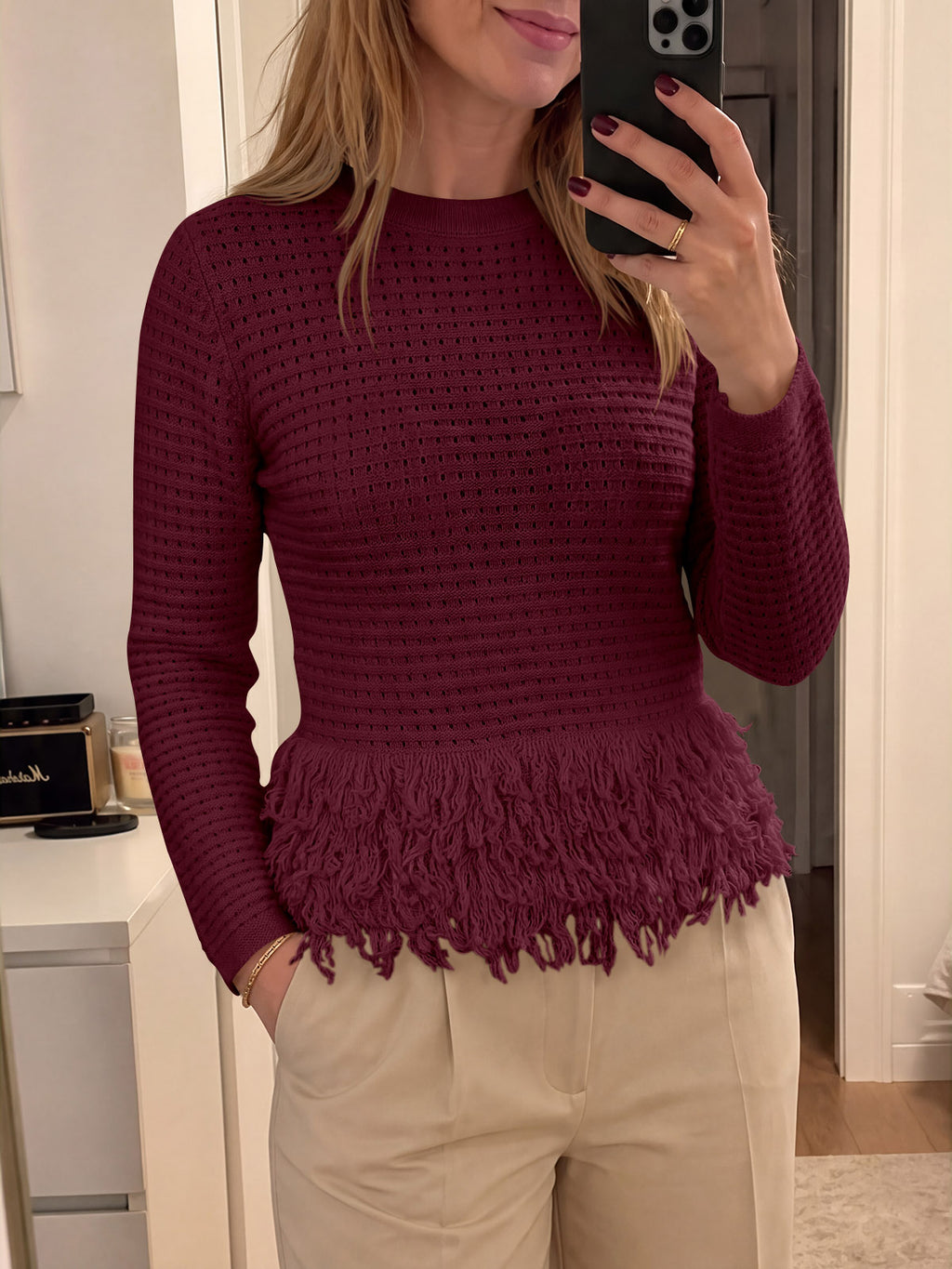 Saodimallsu Womens Crochet Fringe Crew Neck Sweater