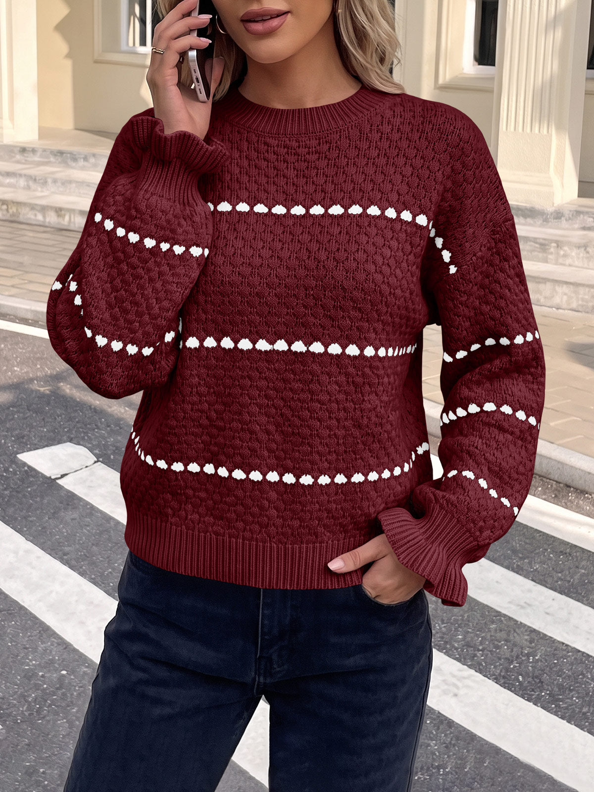 Saodimallsu Womens Heart Striped Ruffle Sweaters