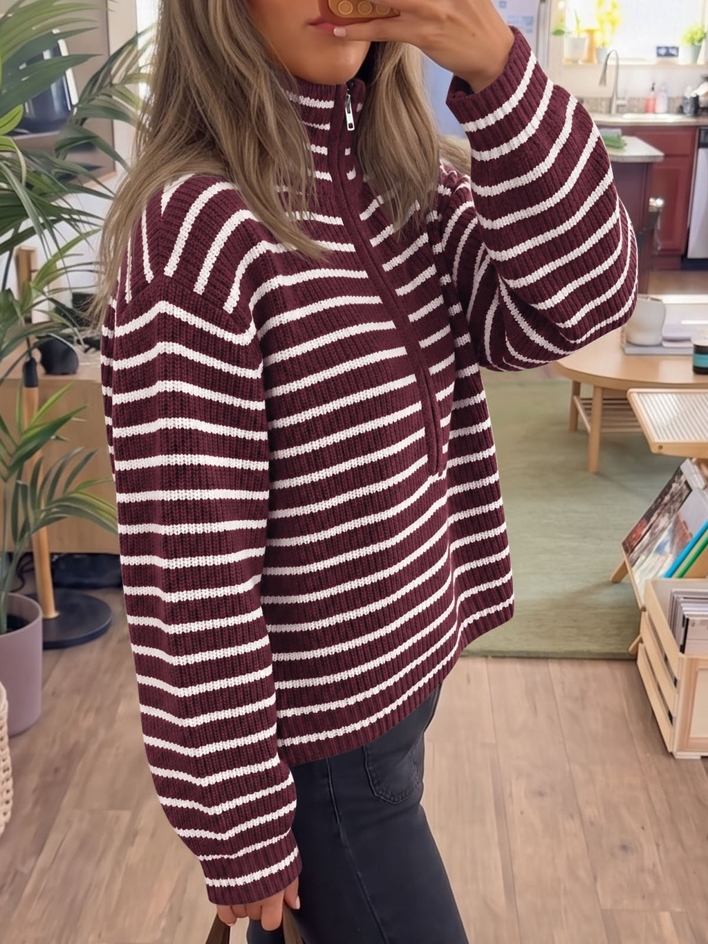 Saodimallsu Womens Striped Half Zip Sweater