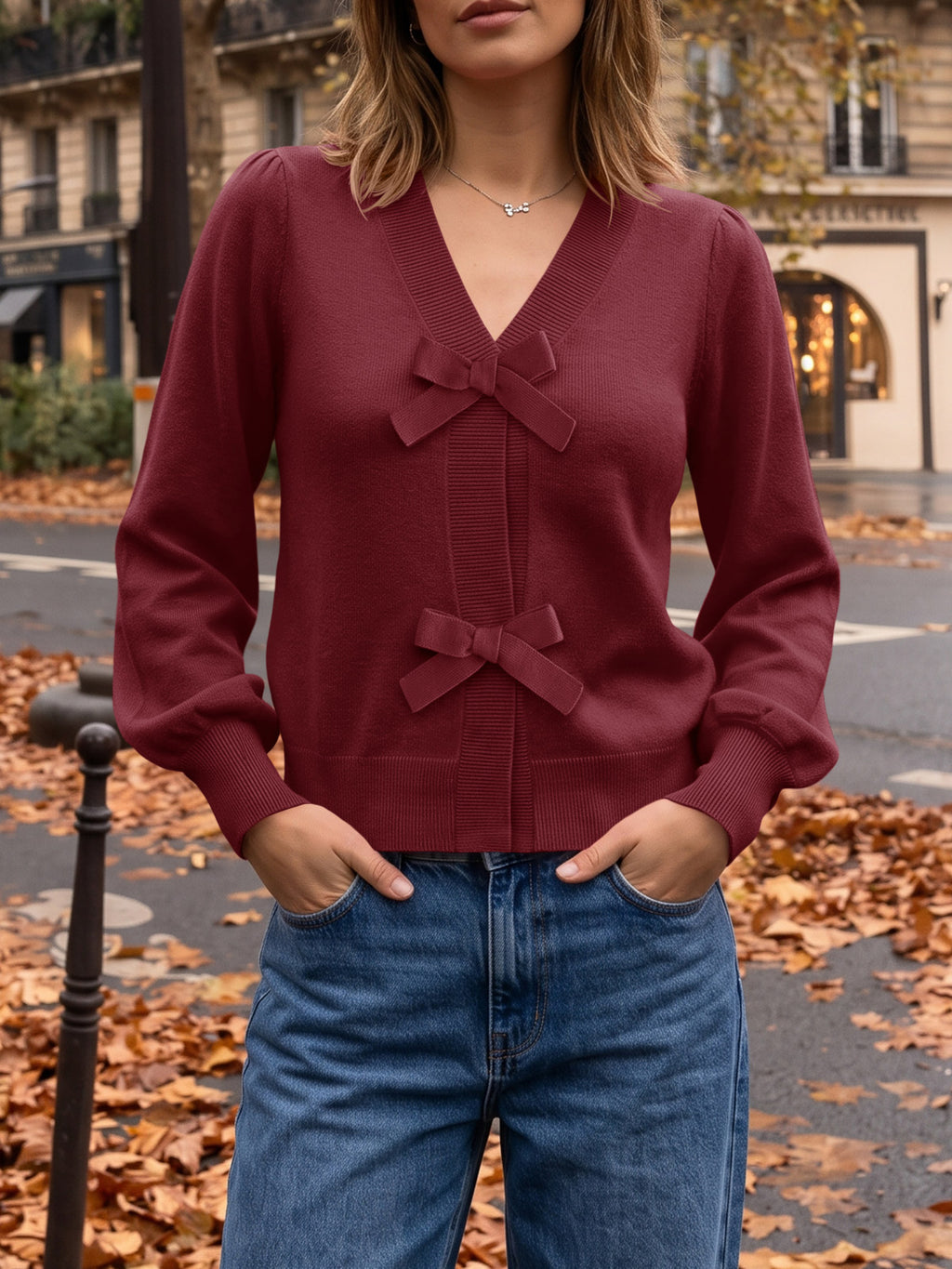 Saodimallsu Women V Neck Bow Knit Cardigan