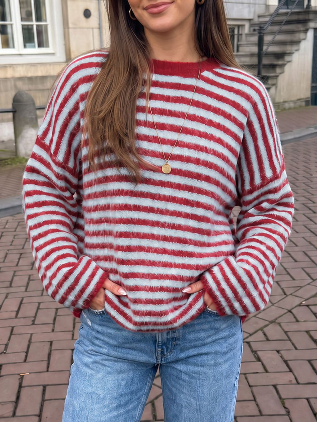 Saodimallsu Womens Fuzzy Crew Neck Striped Sweaters