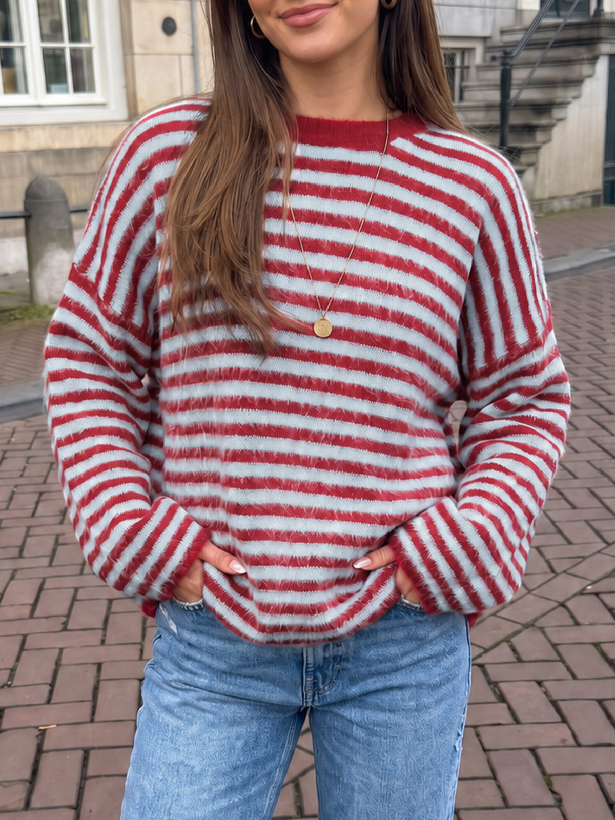 Saodimallsu Womens Fuzzy Crew Neck Striped Sweaters