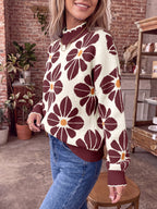 Saodimallsu Womens Mock Neck Floral Knit Sweater