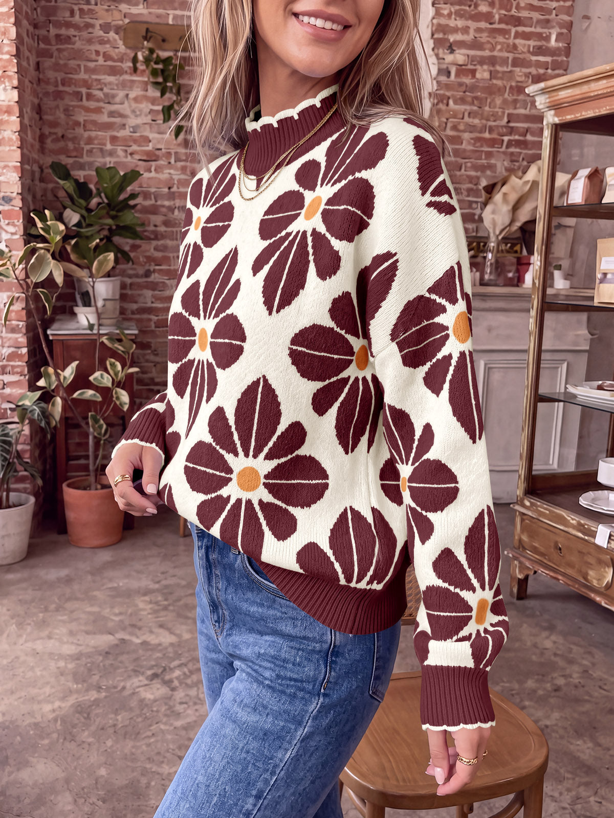 Saodimallsu Womens Mock Neck Floral Knit Sweater