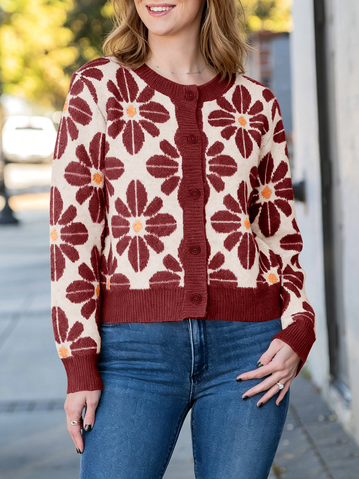 Saodimallsu Womens Floral Button Up Vintage Sweater