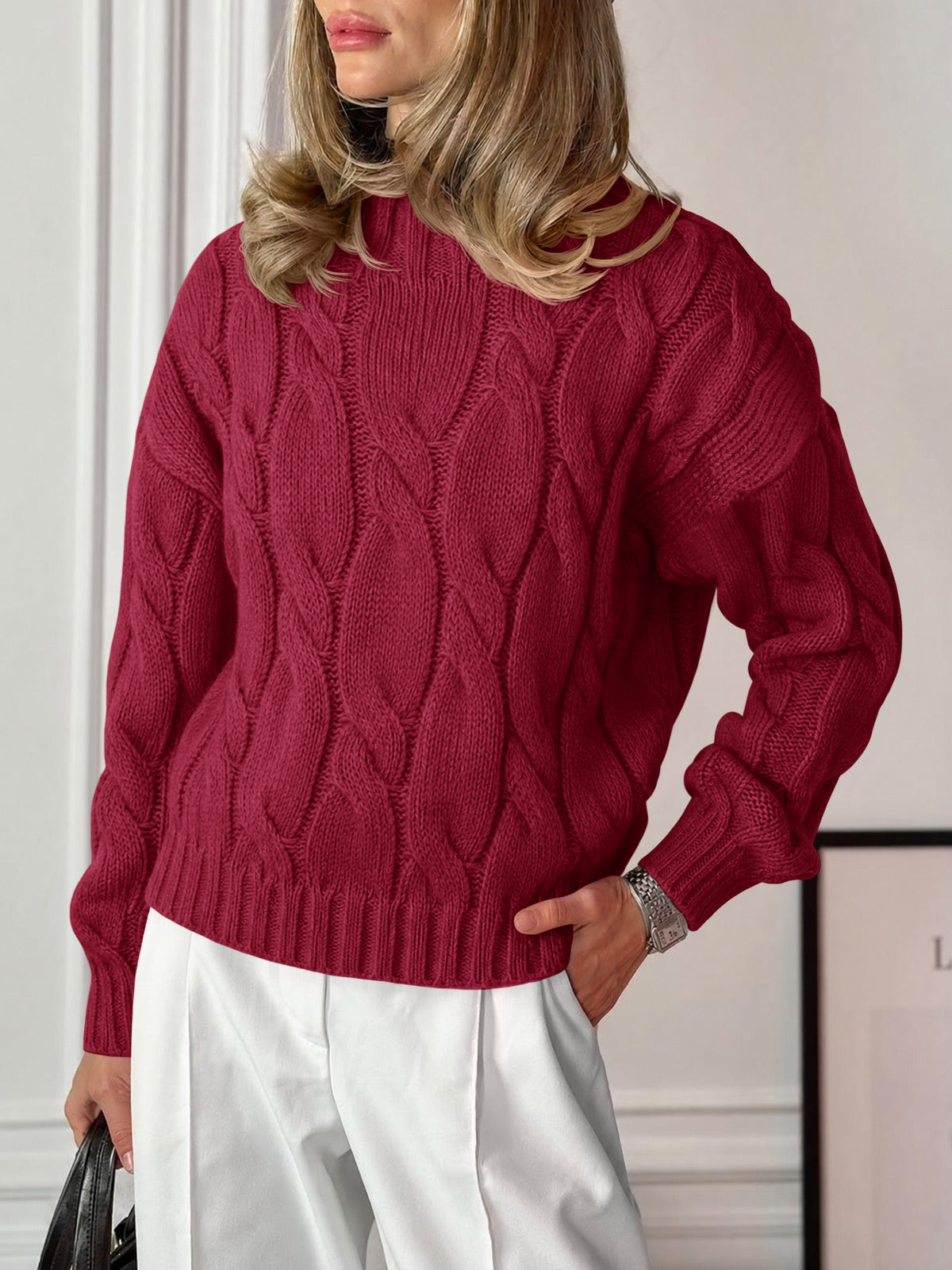 Saodimallsu Womens Mock Neck Cable Knit Sweater