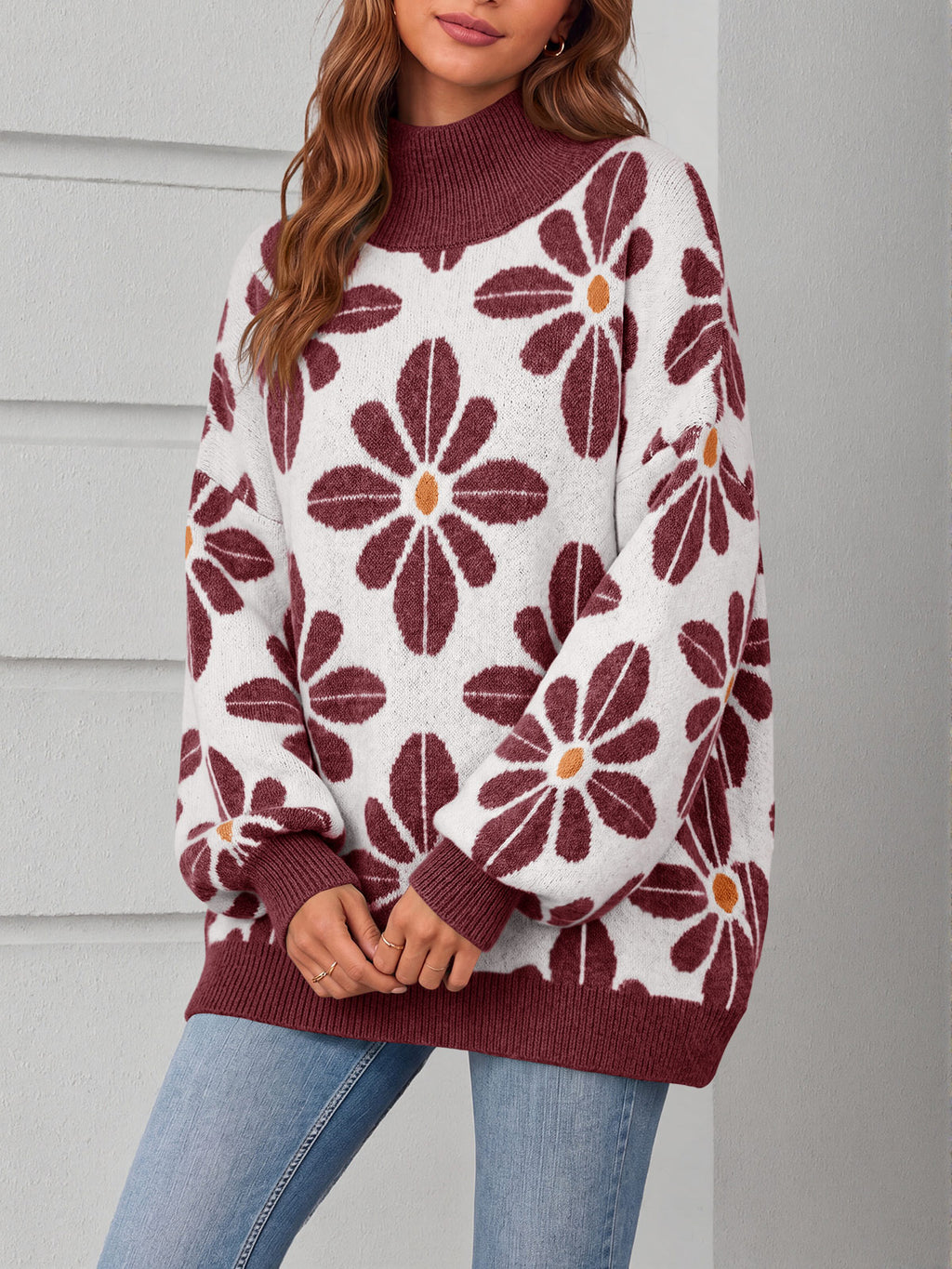 Saodimallsu Womens Floral Mock Neck Chunky Sweater