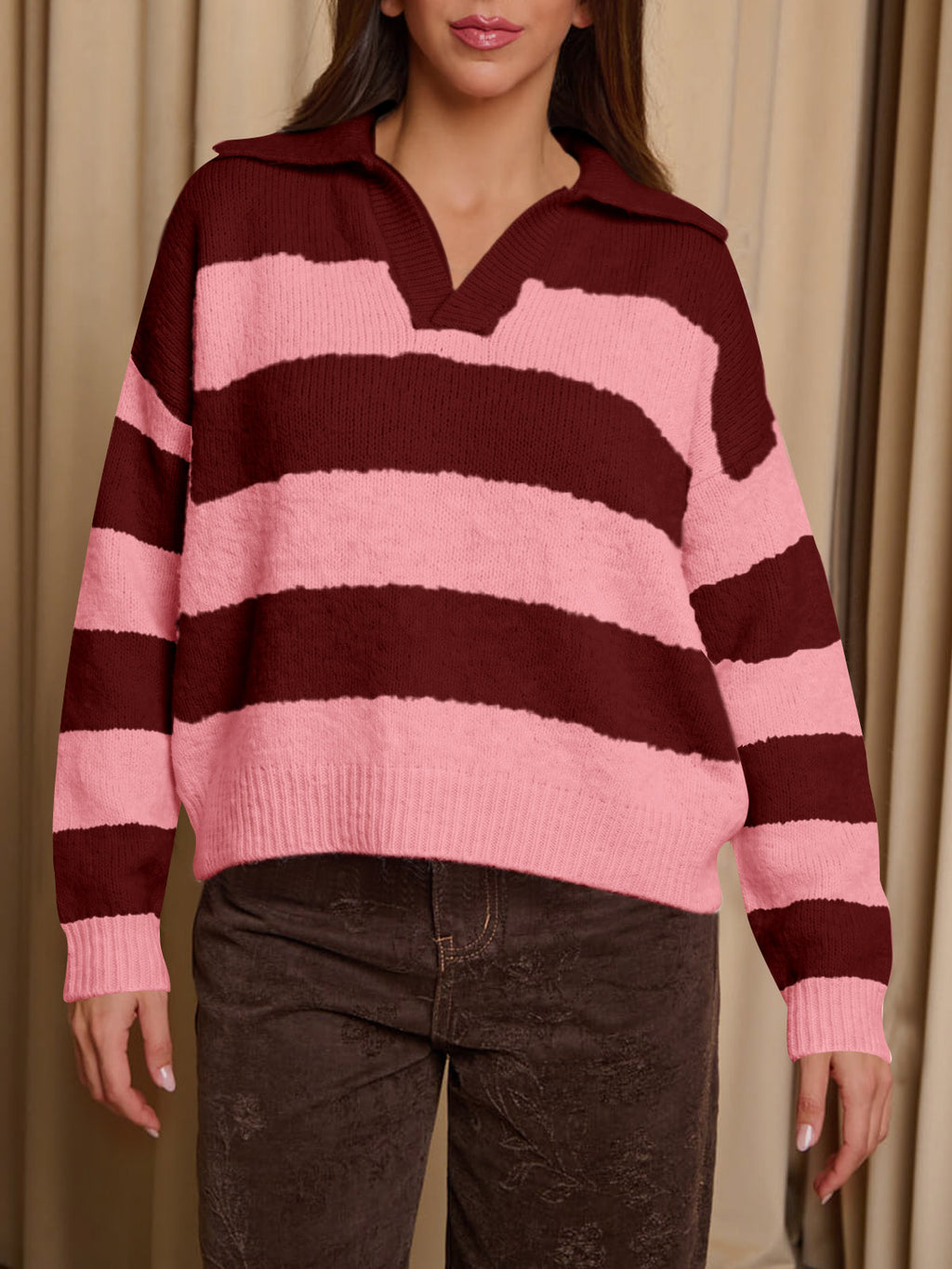 Saodimallsu Womens Striped Polo V Neck Sweaters