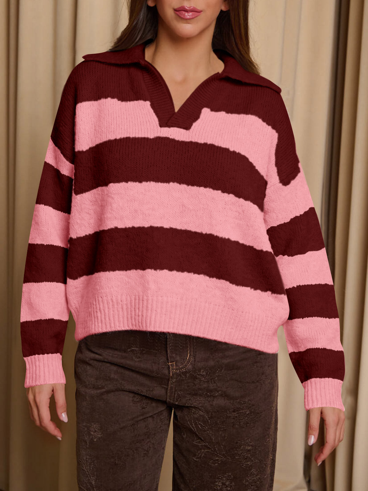 Saodimallsu Womens Striped Polo V Neck Sweaters
