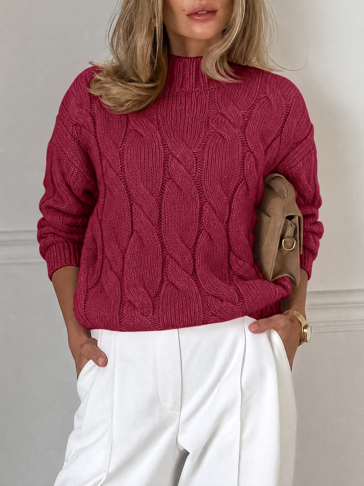 Saodimallsu Womens Mock Neck Cable Knit Sweater