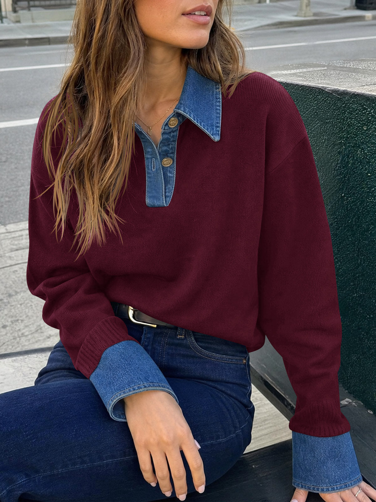 Saodimallsu Women Denim Patchwork V Neck Sweater Tops