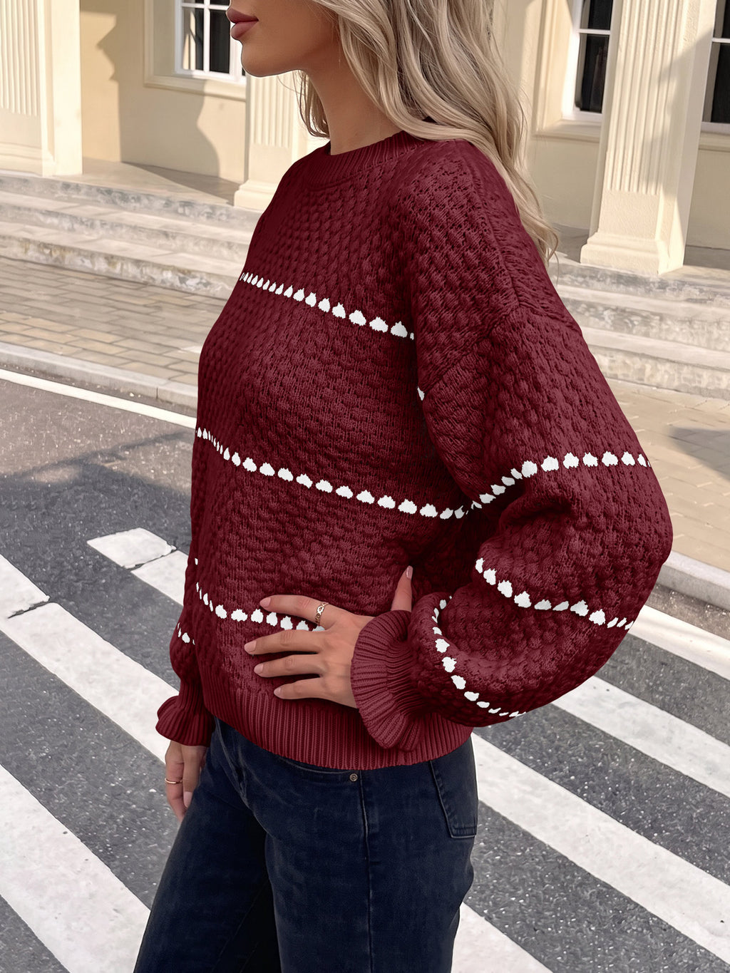 Saodimallsu Womens Heart Striped Ruffle Sweaters