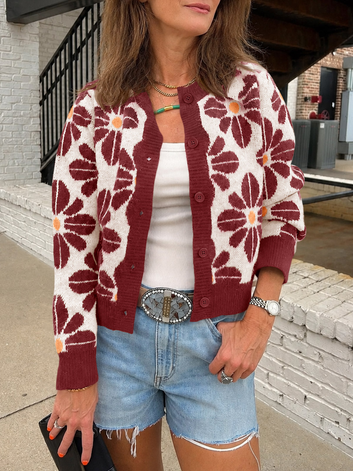 Saodimallsu Womens Floral Button Up Vintage Sweater