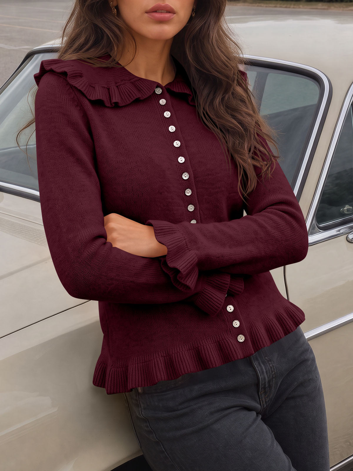 Saodimallsu Womens Ruffle Button Down Cardigan