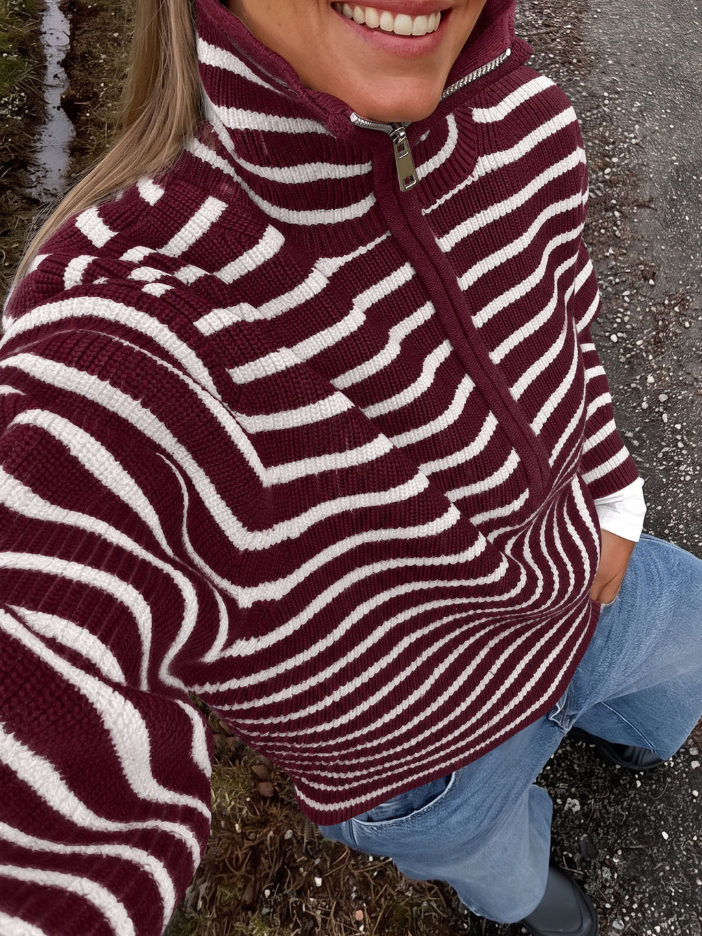 Saodimallsu Womens Striped Half Zip Sweater