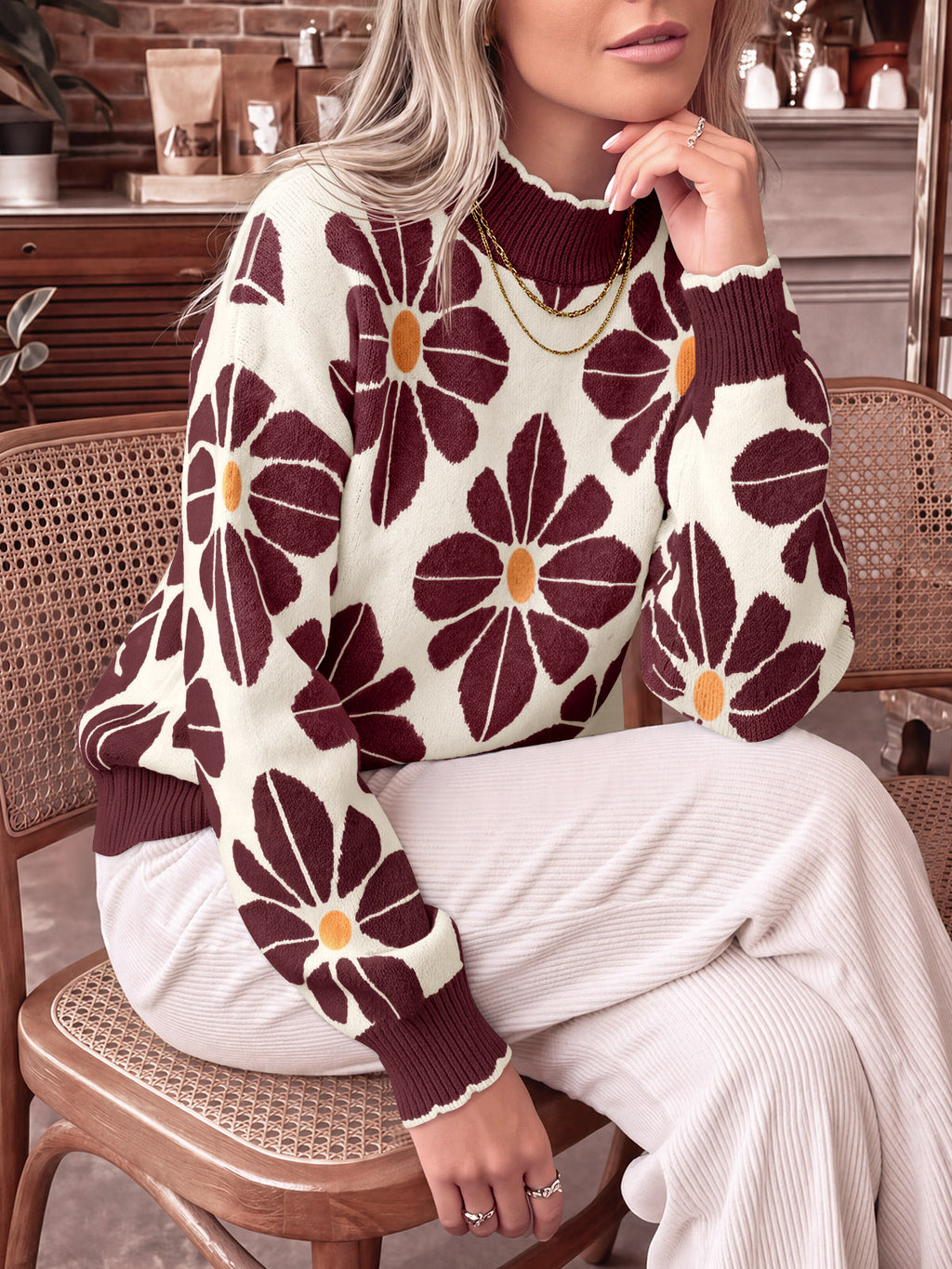 Saodimallsu Womens Mock Neck Floral Knit Sweater
