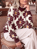 Saodimallsu Womens Mock Neck Floral Knit Sweater