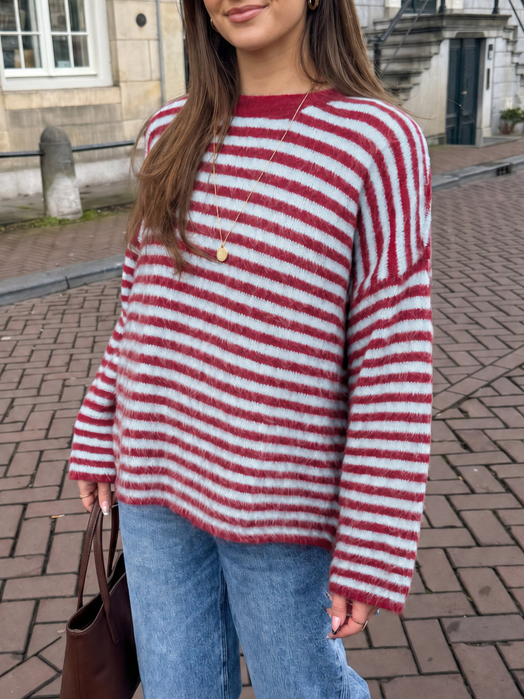 Saodimallsu Womens Fuzzy Crew Neck Striped Sweaters
