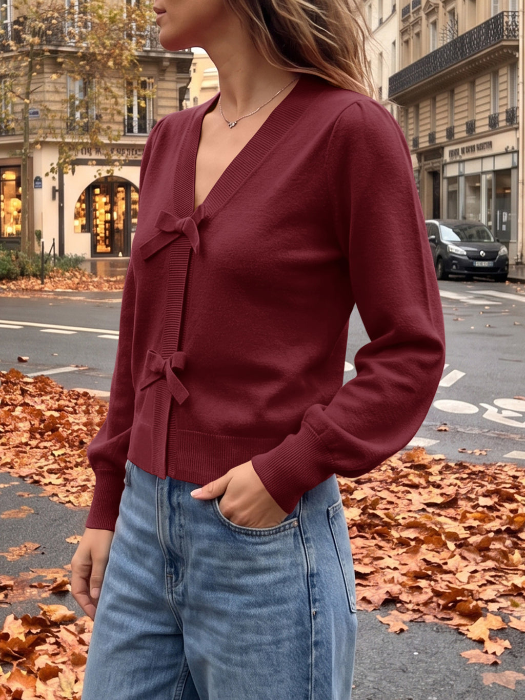 Saodimallsu Women V Neck Bow Knit Cardigan