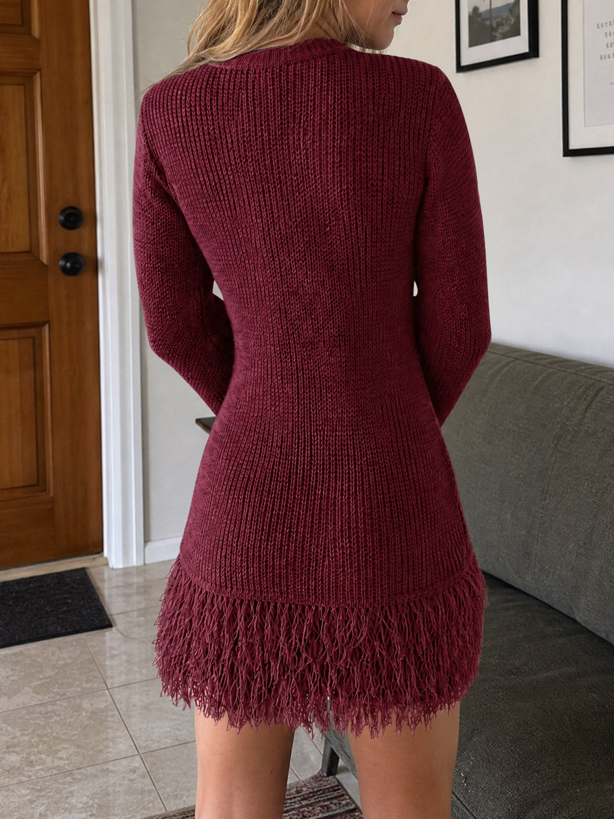 Saodimallsu Womens Fringe Waffle Knit Sweater Dress