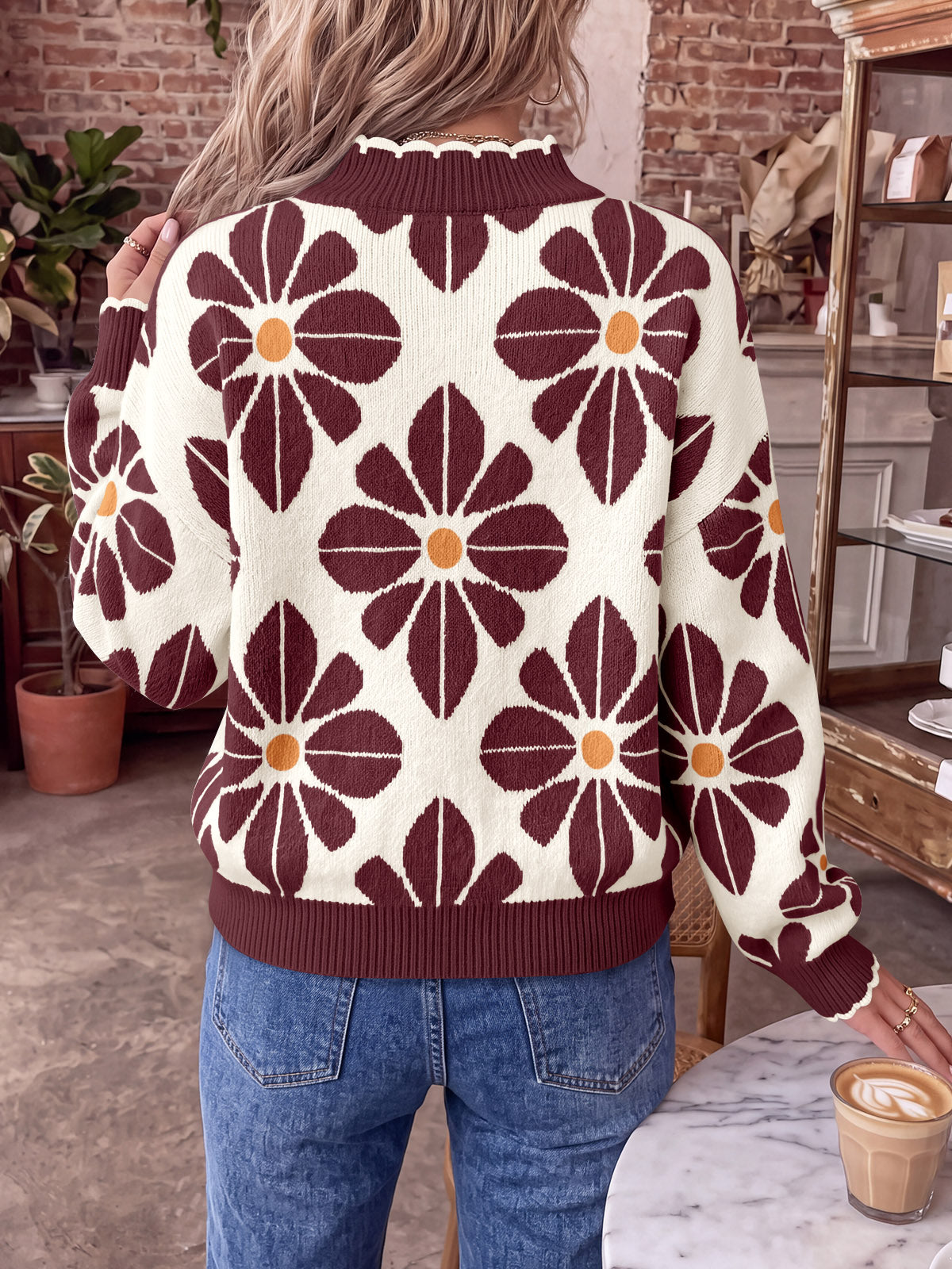 Saodimallsu Womens Mock Neck Floral Knit Sweater