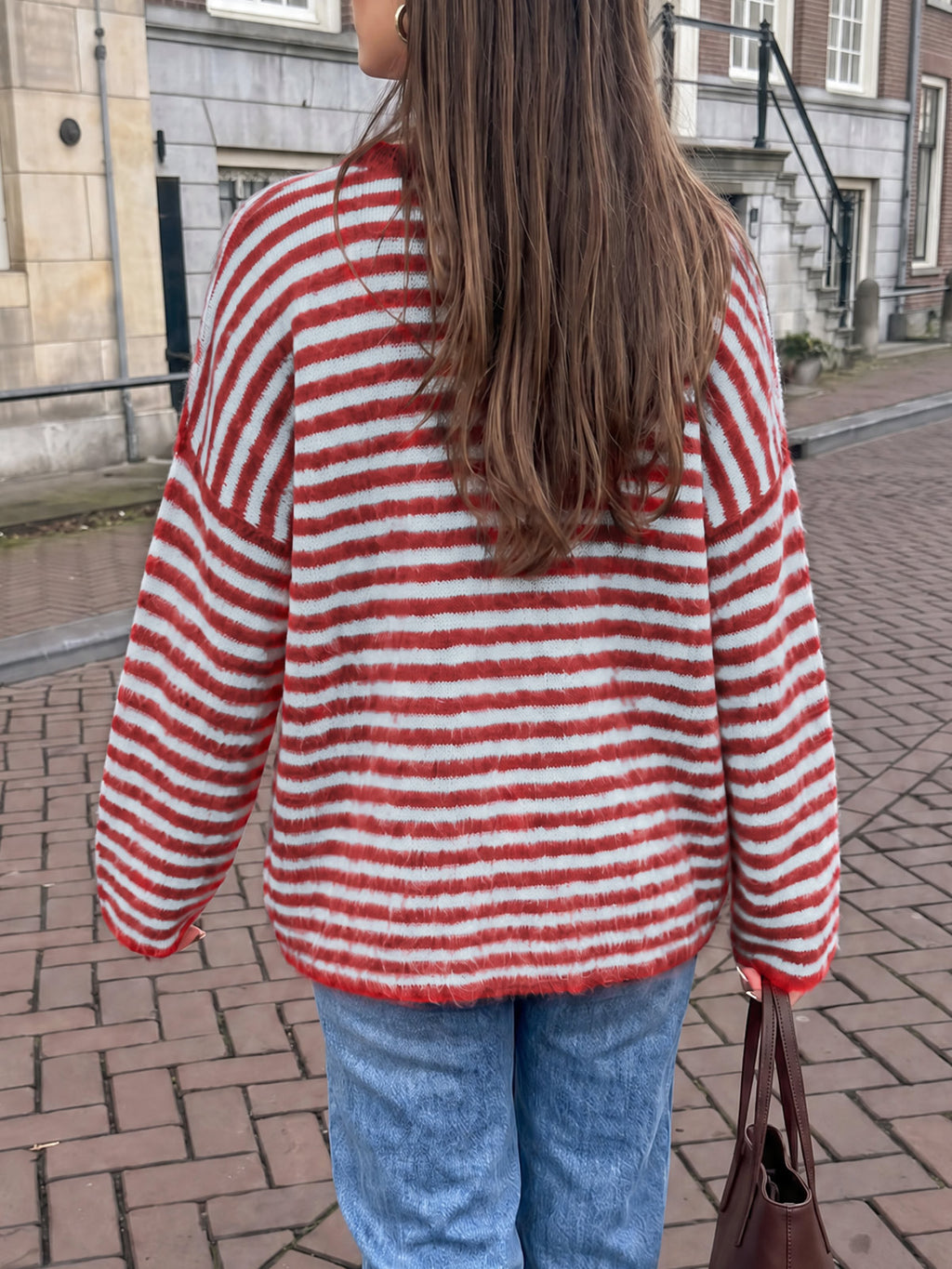 Saodimallsu Womens Fuzzy Crew Neck Striped Sweaters