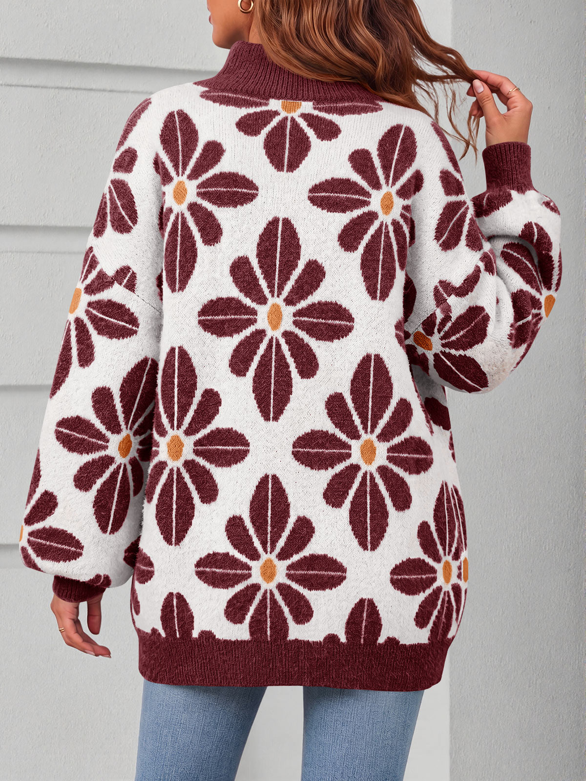 Saodimallsu Womens Floral Mock Neck Chunky Sweater