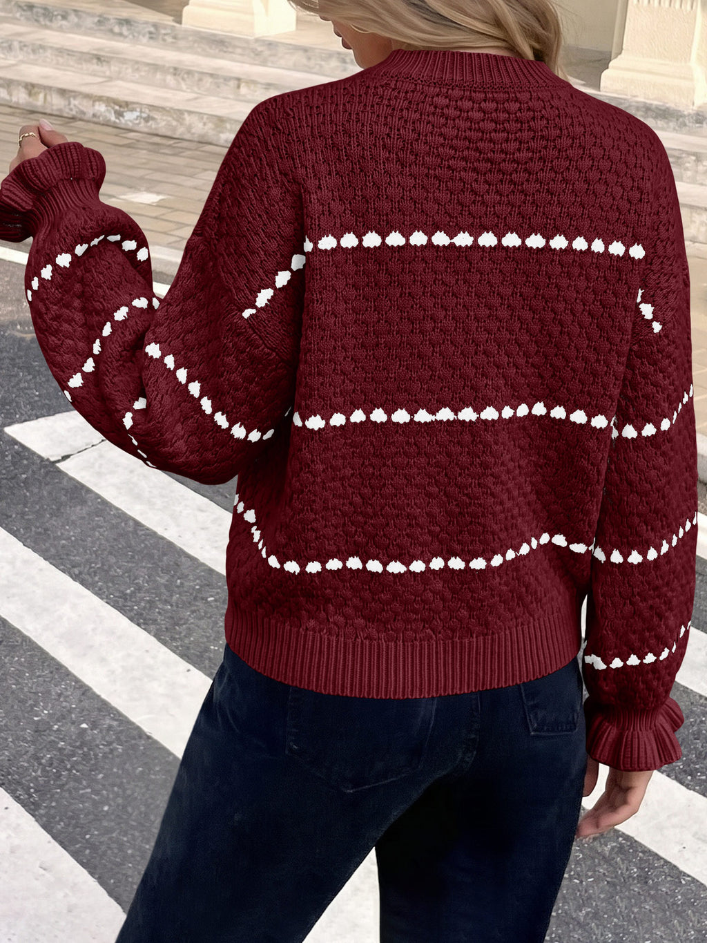 Saodimallsu Womens Heart Striped Ruffle Sweaters