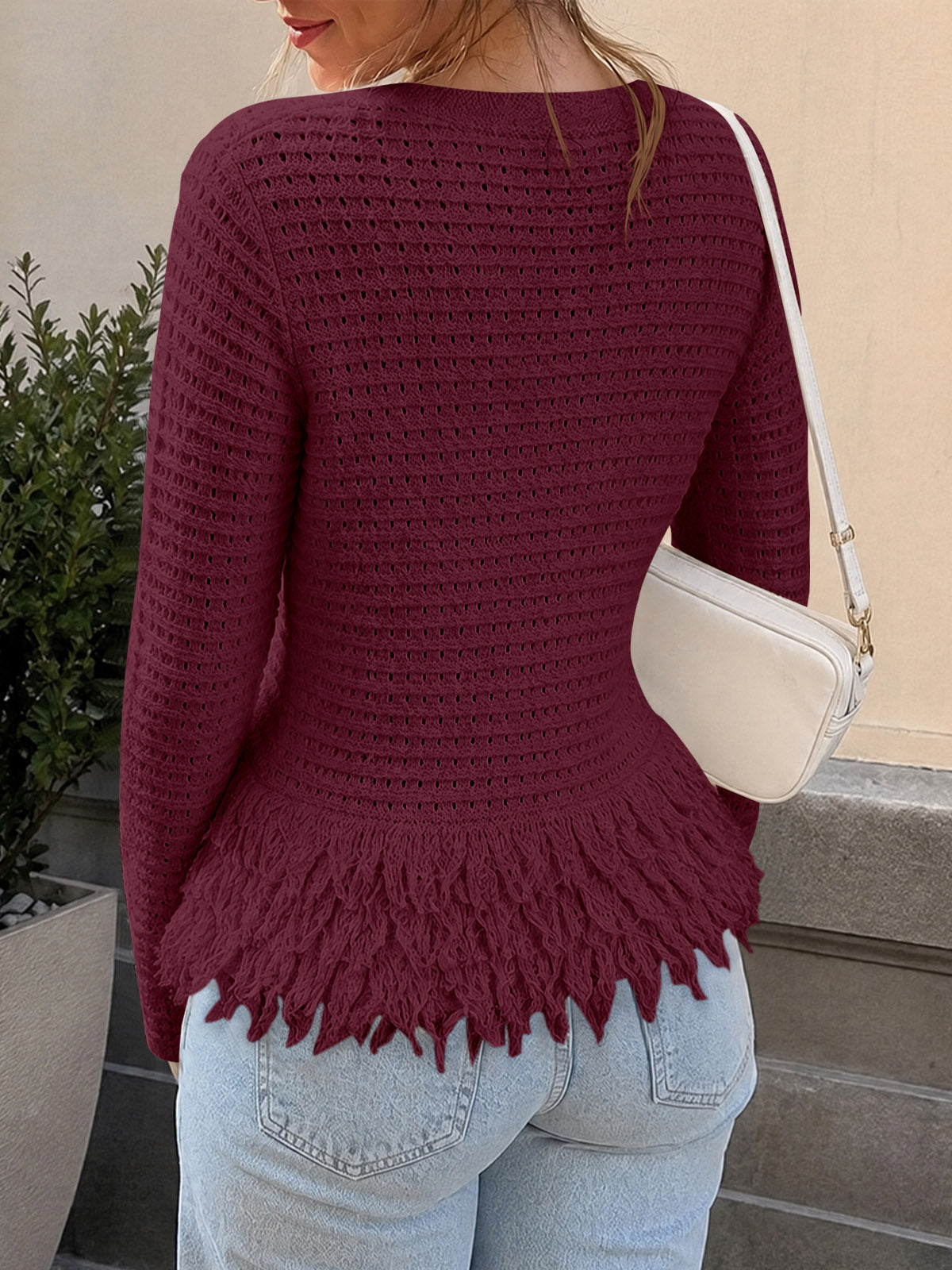 Saodimallsu Womens Crochet Fringe Crew Neck Sweater