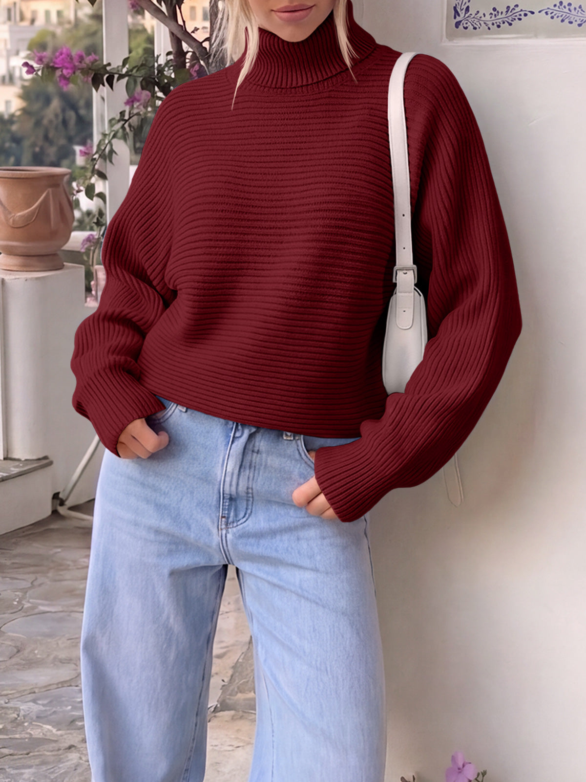 Saodimallsu Womens Batwing Sleeve Knit Turtleneck Sweater