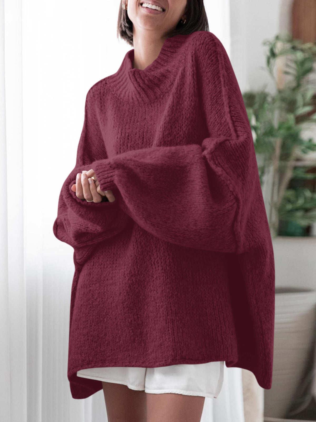 Saodimallsu Wine red Womens Mock Neck Sweater