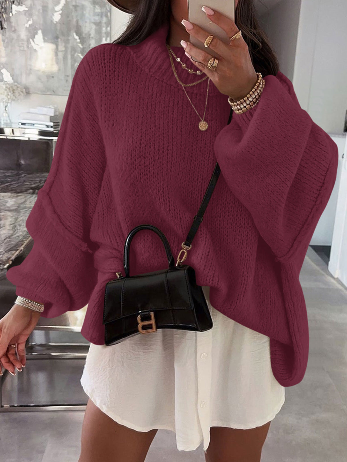 Saodimallsu Womens Mock Neck Batwing Sweater