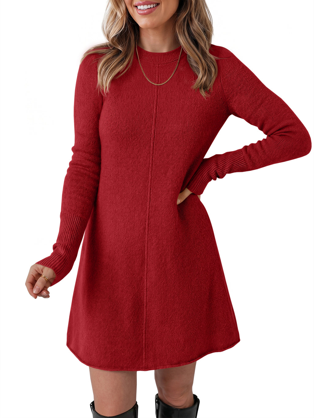 Saodimallsu Women Long Sleeve Knit Fit Flare Mini Sweater Dress
