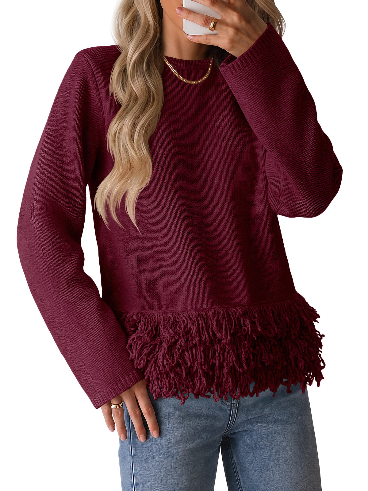 Saodimallsu Women Boho Fringe Knit Sweater