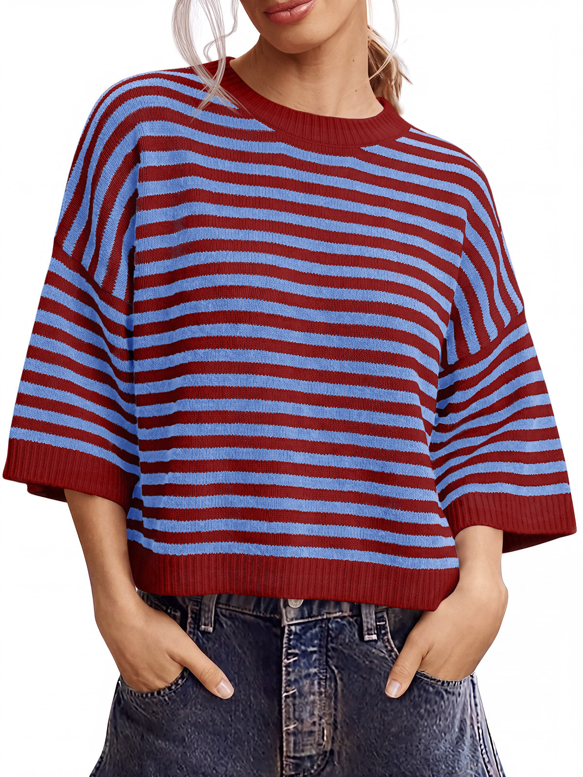 Saodimallsu Women Striped Short Sleeve Knit Top