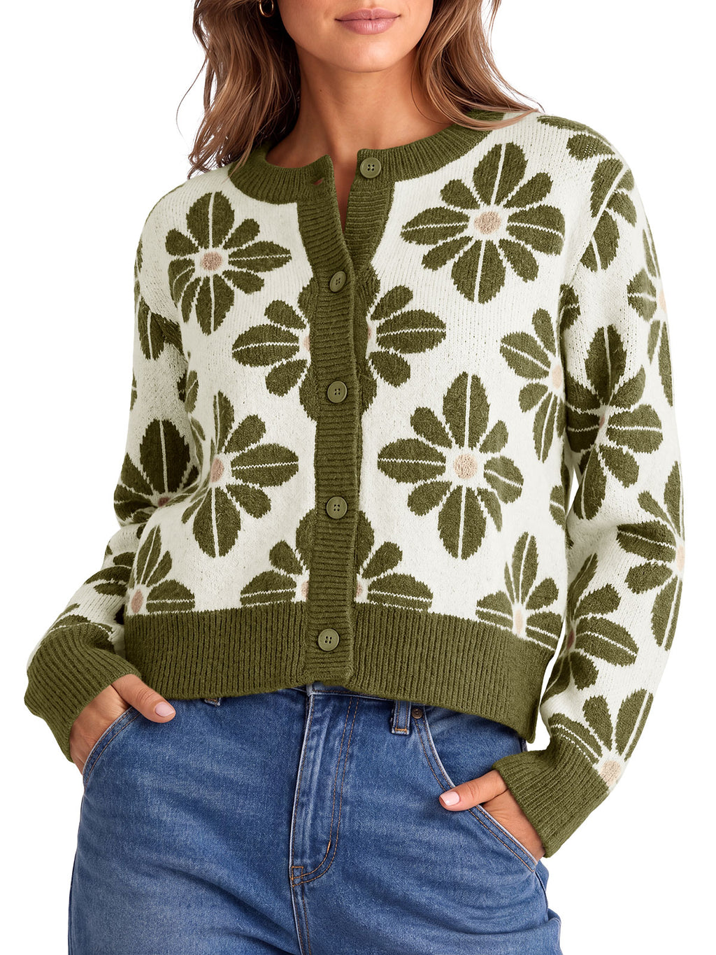 Saodimallsu Womens Floral Button Up Vintage Sweater