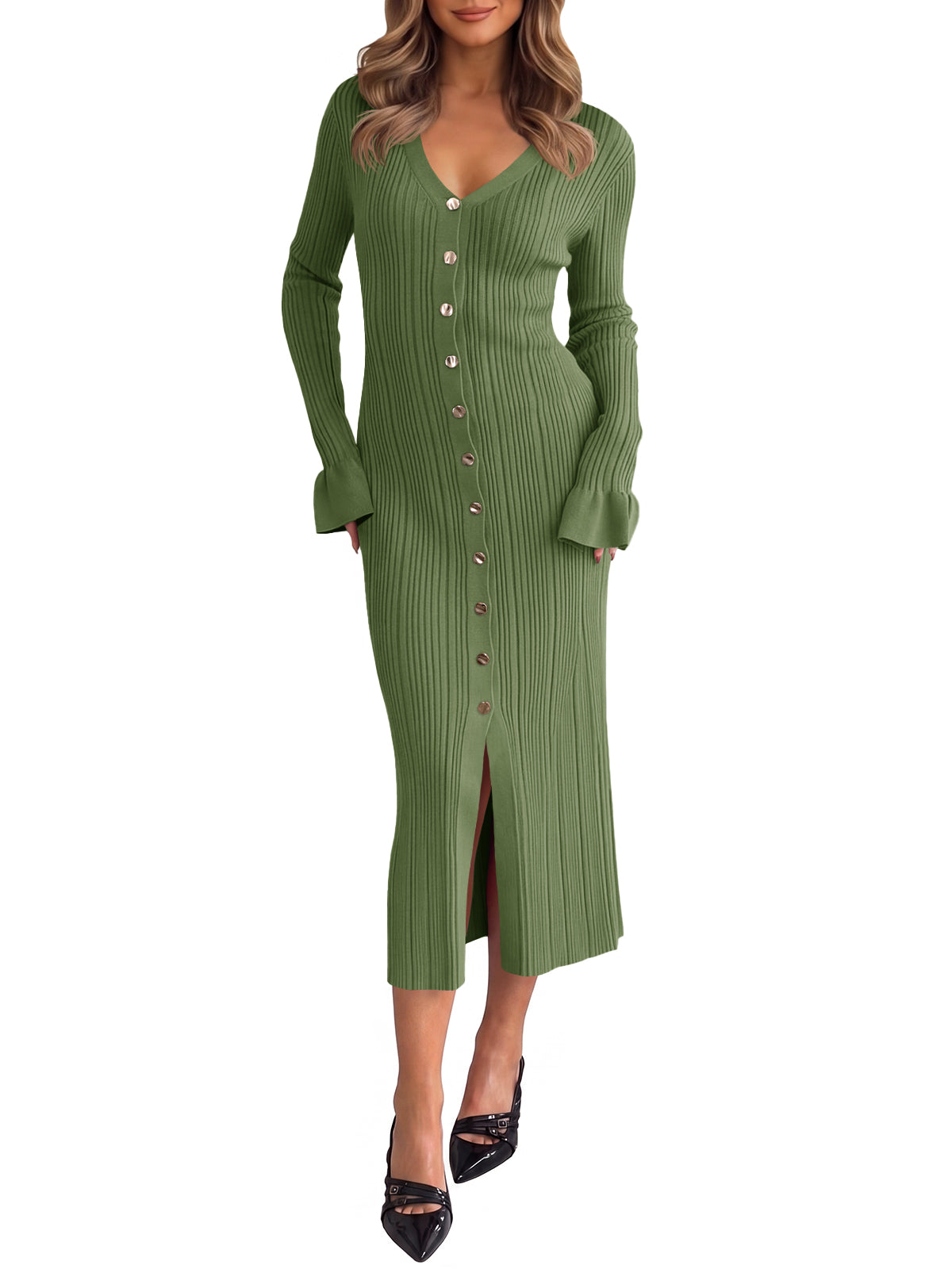 Saodimallsu Womens V Neck Midi Sweater Dress