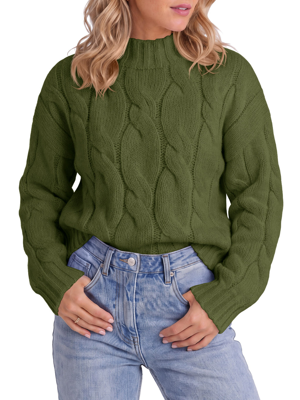 Saodimallsu Womens Mock Neck Cable Knit Sweater